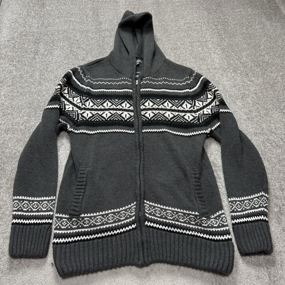 Eddie Bauer Fair Isle Nordic Knit Zip Sweater Hoodie Gray Snowflake Women's M